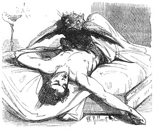 ambiguous_gender anthro bed bed_sheet bedding clothed clothing duo feathered_wings feathers frown furniture hair inside lamp looking_at_another male nipples oil_lamp open_mouth sitting sitting_on_another sleeping topless wings louis_le_breton dictionnaire_infernal mythology demon human mammal 1863 19th_century ancient_art black_and_white hi_res monochrome signature