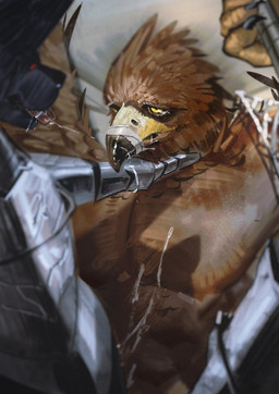 anthro armor beak bodily_fluids brown_body brown_feathers clothed clothing cum cum_on_body duo feathers genital_fluids guardian holding_neck male muscular muscular_male pecs questionable_consent red_eyes saliva saliva_string simple_background yellow_beak yellow_eyes toothlee elden_ring elden_ring_nightreign fromsoftware guardian_(nightreign) avian bird absurd_res hi_res