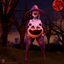 anthro armwear belly belly_painting big_belly big_breasts biped black_nipples black_spots breasts clothed clothing female food footwear front_view fruit fur hat headgear headwear high_heels huge_belly huge_breasts hyper hyper_belly legwear looking_at_viewer markings moon nipples plant pumpkin red_moon shoes solo spots spotted_body spotted_fur standing thick_thighs tigh_socks topless white_body white_fur witch_hat fharen 101_dalmatian_street 101_dalmatians disney delilah_(101_dalmatians) canid canine canis dalmatian domestic_dog mammal 1:1 3d_(artwork) digital_media_(artwork) hi_res
