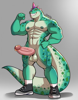abs anthro areola balls barazoku barbell_piercing bedroom_eyes biceps big_balls big_penis biped brown_eyes calf_muscles clothing deltoids erection facial_piercing fingers fist flexing flexing_bicep footwear footwear_only forearm_muscles genital_piercing genitals glans green_body grey_background hand_on_hip humanoid_genitalia humanoid_hands humanoid_penis long_tail male markings mostly_nude mostly_nude_anthro mostly_nude_male muscular muscular_anthro muscular_arms muscular_legs muscular_male narrowed_eyes naughty_face navel neck_ring nipple_dip nipple_piercing nipples non-mammal_balls non-mammal_navel non-mammal_nipples nose_piercing nose_ring open_mouth pecs penis penis_piercing piercing pose prince_albert_piercing quads ring_piercing scales seductive serratus shadow sharp_teeth shoes shoes_only simple_background smile socks solo spots spotted_markings standing tail tan_body teeth text trapezius triceps v-cut vein veiny_penis yellow_sclera darolion goat_(movie) sony_corporation sony_pictures modo_olachenko komodo_dragon lizard monitor_lizard reptile scalie 2026 artist_name colored full-length_portrait hi_res portrait shaded