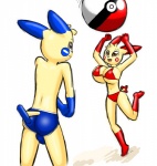 anthro anthrofied ball beach_ball big_breasts bikini breasts bulge butt cleavage clothed clothing duo female happy huge_breasts inflatable male navel open_mouth pokeball pokeball_beach_ball pokemorph pool_toy simple_background smile standard_pokeball swimwear tail tight_clothing two-piece_swimsuit white_background norithics milkjunkie nintendo pokemon glint_kusemurai spark_kusemurai generation_3_pokemon mammal minun plusle pokemon_(species) brother_(lore) brother_and_sister_(lore) sibling_(lore) sister_(lore)