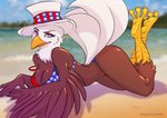 3_toes 5_fingers all_fours american_flag american_flag_bikini anthro arm_support ass_up avian_feet beach beak bent_legs big_breasts bikini biped bird_legs blue_eyes blurred_background bottomwear bra breasts brown_body brown_feathers brown_wings calves_up claws cleavage clothed clothing cloud curvy_figure day depth_of_field detailed_background eyebrows eyelashes eyeshadow facial_tuft feather_tuft feathered_wings feathers feet female fingers flag flag_bikini flag_clothing flag_hat flag_headgear flag_headwear flag_print flag_swimwear forward_arm_support glistening glistening_body glistening_breasts glistening_feathers glistening_tail hat hat_band headgear headwear hourglass_figure humanoid_hands light looking_aside looking_at_viewer looking_away lying makeup mascara midriff multicolored_body multicolored_feathers narrowed_eyes non-mammal_breasts on_front outside patriotic_clothing pose print_bikini print_clothing print_hat print_headgear print_headwear print_swimwear raised_calf raised_shoulders raised_tail red_eyeshadow sea seaside shadow skimpy sky slim solo swimwear tail tail_feathers talons thick_thighs three-quarter_view toe_claws toes topwear tuft two-piece_swimsuit two_tone_body two_tone_feathers underwear united_states_of_america water white_body white_feathers white_tail_feathers wide_hips winged_arms wings yellow_beak yellow_claws majinizombie freeda_(himynameisnobody) accipitrid accipitriform avian bald_eagle bird eagle sea_eagle 2020 digital_media_(artwork) full-length_portrait lighting pinup portrait shaded signature