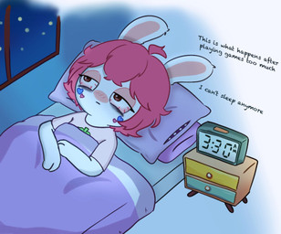 3_fingers alarm_clock anthro arms_bent bangs bed blue_bedding blue_sky blush blush_lines bodypaint brown_eyes cellphone clear_sky clock clothed clothed_anthro clothed_female clothing electronics end_table eyelashes face_paint female female_anthro fingers fur furniture hair half-closed_eyes head_on_pillow inner_monologue light lying lying_on_bed medium_hair narrowed_eyes night no_pupils noseless on_bed phone pillow pink_clothing pink_hair pink_shirt pink_topwear purple_blanket purple_pillow shirt sky solo star starry_sky tan_eyelids tan_inner_ear text thinking time tired_eyes topwear under_blanket white_body white_fur window peypey_mei1925 raving_rabbids rayman_(series) ubisoft fan_character pey_(peypey_mei1925) lagomorph mammal rabbid 2025 colored digital_drawing_(artwork) digital_media_(artwork) english_description english_text hi_res lighting shaded