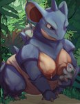 abram_all anthro areola big_breasts blue_eyes bodily_fluids breast_squish breastfeeding breasts crouching daughter_(lore) detailed_background female feral forest generation_1_pokemon group hi_res jungle lactating larger_anthro larger_female mature_female mother_(lore) mother_and_child_(lore) mother_and_daughter_(lore) nidoqueen nidoran nidoran♀ nintendo nipples parent_(lore) parent_and_child_(lore) parent_and_daughter_(lore) plant pokemon pokemon_(species) red_eyes semi-anthro size_difference slightly_chubby slightly_chubby_anthro slightly_chubby_female smaller_female smaller_feral spikes spikes_(anatomy) squish stocky tan_areola tan_nipples thick_thighs tree
