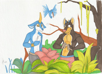 ambiguous_feral ambiguous_gender anthro athletic athletic_anthro athletic_male blue_body blue_horn blue_wings bottomwear brown_body brown_fur closed_smile clothed clothing electronics feral flower fur glistening glistening_eyes grey_bottomwear grey_clothing group holding_object holding_phone horn male male_anthro markings mouth_closed phone plant red_bottomwear red_clothing red_flower slim_anthro slim_male smile topless tree trio white_body white_markings wings yellow_body yellow_eyes yellow_fur yellow_horn hufnaar apodiform avian bird canid canine deer hummingbird hybrid mammal 2019 dated hi_res