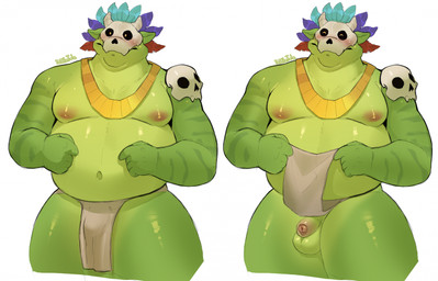 anthro balls belly blush bone bone_mask bottomwear bulge clothed clothing clothing_lift foreskin genitals green_body humanoid_genitalia humanoid_penis larger_but_small loincloth loincloth_lift male male_anthro mask moobs nipples overweight overweight_anthro overweight_male penis presenting presenting_penis simple_background skull skull_accessory skull_mask small_penis solo thick_thighs white_background freakdan1el terraria witch_doctor_(terraria) lihzahrd lizard reptile scalie hi_res