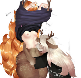 anthro antlers blowing_raspberries breasts brown_body brown_fur clothed clothing duo exclamation_point female female/female fur hair horn light_body light_skin long_hair navel nipples onomatopoeia orange_hair raspberry_kiss shirt simple_background small_breasts small_waist sound_effects standing stuck sweater text thick_thighs topwear white_hair wide_hips zerbert aba_elmeobacon freya_agalith reina_redhoof animal_humanoid deer deer_humanoid faun humanoid mammal mammal_humanoid satyr absurd_res hi_res