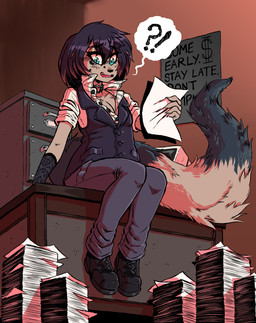 anthro biped blue_eyes choker clothed clothing desk detailed_background exclamation_point femboy fully_clothed furniture hair heart_symbol jewelry male necklace paper question_mark solo table text gutter-bunny species_request 2020 absurd_res character_request english_text hi_res