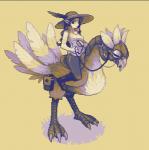 ambiguous_gender armor beak boots bottomwear breasts bridle clothed clothing duo feathered_wings feathers feet female feral feral_armor footwear furgonomics hair harness hat headgear headwear holding_object holding_reins long_hair looking_at_viewer pants reins riding saddle shirt shoes simple_background standing sun_hat talons toes topwear wings ramheadedgirl avian bird elf humanoid digital_media_(artwork) pixel_(artwork) restricted_palette