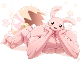 :3 ambiguous_gender anthro barazoku barefoot beady_eyes beak biceps buckteeth butt duo egg feet feral fur heart_symbol holidays long_ears looking_at_viewer lying male manly muscular nude on_front on_ground open_:3 open_mouth open_smile pecs rosy_cheeks size_difference smile solo_focus stare teeth thick_thighs triceps seyumei easter avian bird chicken galliform lagomorph leporid mammal phasianid rabbit