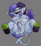 balls belly bodily_fluids erection genitals glans grey_background humanoid_genitalia humanoid_penis humanoid_pointy_ears male moobs musk musk_clouds not_furry overweight overweight_humanoid overweight_male penis purple_tongue simple_background solo sweat teeth tongue locitony deltarune undertale_(series) jevil_(deltarune) humanoid imp