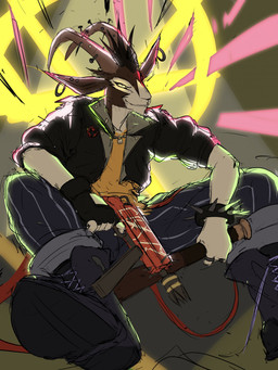 alternative_fashion anthro armband baseball_bat bat_(object) boots clothing ear_piercing footwear gloves gun handwear jacket male piercing punk ranged_weapon shoes simple_background solo spiked_armband spikes submachine_gun topwear weapon spicyocean deadlock_(game) valve valve_corporation billy_(deadlock) bovid caprine goat mammal hi_res