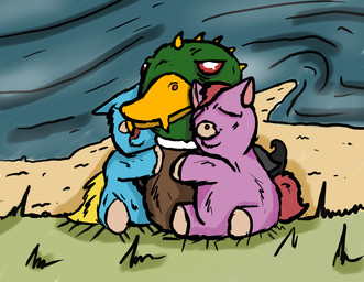 ambiguous_gender bill_(anatomy) biped blue_body blue_feathers blue_fur brown_body brown_feathers eyes_closed feathers feral frown fur grass group group_hug hair hooves hug hugging_another mouth_closed outside plant pupils purple_body purple_fur quadruped red_eyes red_hair red_tail sand sitting smile spikes spikes_(anatomy) tail water white_pupils yellow_tail carniviousduck fluffy_pony anatid anseriform avian bird duck fluffy_pony_(species) mammal 2026 digital_media_(artwork) shaded