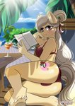 anthro beach beverage bikini book breasts butt cheek_tuft clothing cutie_mark ear_tuft facial_tuft female fetlocks hooves inner_ear_fluff looking_at_viewer seaside solo swimwear tuft two-piece_swimsuit unguligrade lifejoyart hasbro my_little_pony fan_character earth_pony equid equine horse mammal pony hi_res