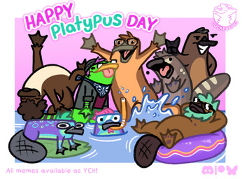 afro ambiguous_gender beaver_tail blep brown_body brown_fur eyewear feet feral fur green_body green_fur group group_photo membrane_(anatomy) pool_float purple_body purple_fur raised_arms silly smile smiling_at_viewer snorkel splash sunglasses swimming text toes tongue tongue_out water webbed_feet webbed_hands luckfoxo33 isaac_(1544cimn) mammal monotreme platypus hi_res