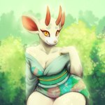 anthro asian_clothing biped breasts cleavage clothed clothing east_asian_clothing female japanese_clothing kimono looking_at_viewer outside pupils smile solo teeth thick_thighs yellow_eyes dragon-chan animal_crossing nintendo shino_(animal_crossing) bovid caprine goat mammal 1:1