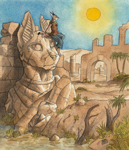 anthro archway barefoot belt black_body black_fur blue_bottomwear blue_clothing blue_eyes blue_pants bottomwear brown_body brown_clothing brown_fur brown_shirt brown_topwear clothed clothing column day detailed_background dipstick_tail feet fur hill markings outside palm_tree pants plant ruins sculpture shirt sitting sky statue sun tail tail_markings topwear tree wall_(structure) water white_body white_fur window wraps wrist_wraps 0laffson shadi_(0laffson) caracal caracal_(genus) felid feline mammal 2017 graphite_(artwork) painting_(artwork) signature traditional_media_(artwork) traditional_painting_(artwork) traditional_watercolor_(artwork) watercolor_(artwork)