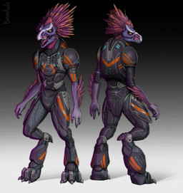 ambiguous_gender anthro arm_feathers arm_tuft armor avian_caruncle beak clothed clothing digitigrade feather_hair feathered_crest feathers female flat_chested gradient_background grey_body grey_scales head_crest pseudo_hair pupils red_body red_feathers scales scuted_hands scutes simple_background slit_pupils solo spurs_(anatomy) standing tuft yellow_eyes barakkuda halo_(series) microsoft xbox_game_studios on'tari_(novera) alien avian kig-yar scalie t'vaoan colored hi_res model_sheet female_(lore)