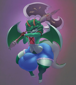 anthro axe big_bulge bulge femboy horn huge_bulge huge_thighs hyper hyper_bulge hyper_thighs looking_at_viewer male melee_weapon pubes solo tail thick_thighs weapon wide_hips wings splashyu mythology haley_sturmbringer_(character) dragon mythological_creature mythological_scalie scalie absurd_res hi_res