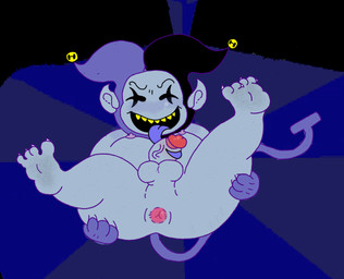4_fingers anus background_color balls big_balls clothing erection fingers genitals hat headgear headwear male nude paws penis purple_body purple_skin solo teeth vein veiny_penis yellow_teeth unknown_artist deltarune undertale_(series) jevil_(deltarune) demon humanoid hi_res