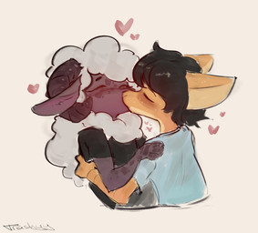 anthro black_clothing black_hair black_shirt black_topwear blue_clothing blue_shirt blue_topwear bovid_horn caprine_horn clothing duo eyes_closed fur hair hand_on_shoulder heart_symbol horn kissing long_ears male male/male orange_body purple_body ram_horn scales shirt simple_background topwear white_hair wool_(fur) trashyy_noway mythology aquatic bovid caprine dragon fish mammal mythological_creature mythological_scalie scalie shark sheep hi_res signature