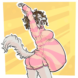 anthro bottomwear brown_eyes brown_hair clothing female grey_hair grey_nose hair nipple_outline onesie open_mouth pattern_clothing pink_clothing pregnant shorts simple_background solo stretching striped_clothing stripes yawn indigobx indi_navin_(indigobx) canid canine canis domestic_dog hunting_dog mammal saluki sighthound hi_res