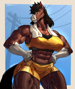 abs anthro big_breasts big_muscles black_hair bottomwear bra breasts brown_body brown_fur clothed clothed_female clothing female front_view fur hair hands_on_hips looking_at_viewer midriff muscular muscular_anthro muscular_female muscular_thighs shorts smile solo sports_bra tail thick_thighs towel towel_around_neck underwear inugatami leslie_ward_(spyglass8) clydesdale draft_horse equid equine horse mammal hi_res