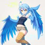 1:1 2015 ahoge animal_humanoid avian avian_humanoid bird_humanoid blue_hair blue_wings blueberry_(artist) bottomwear breasts clothed clothing european_mythology feathered_wings feathers female greek_mythology hair harpy hi_res hotpants humanoid monster_girl_(genre) monster_musume mythological_avian mythological_creature mythology navel open_mouth papi_(monster_musume) scuted_legs scutes shirt shorts small_breasts solo tank_top topwear winged_arms winged_humanoid wings yellow_eyes
