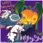 4_fingers blue_body blue_claws blue_nose border claws clothing costume eyes_closed fingers food fruit glowing gradient_background holding_object holiday_message holidays jack-o'-lantern open_mouth open_smile outline outside_border plant pumpkin purple_background simple_background small_tail smile solo tail text white_border wig tuttu_disney disney halloween lilo_and_stitch angel_(lilo_and_stitch) stitch_(lilo_and_stitch) alien experiment_(lilo_and_stitch) 1:1 2016 absurd_res english_text hi_res japanese_text