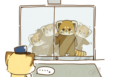 biped black_eyes black_nose brown_body chibi clothing dot_eyes duo ellipsis feral hat headgear headwear kemono simple_eyes shi_nominmin ailurid canid canine fox mammal red_panda 2023 hi_res