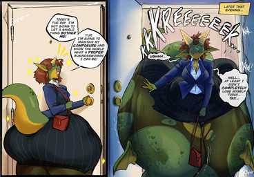 anthro big_butt breasts brown_hair butt butt_expansion cleavage clothed clothing cracked_wall dialogue door expansion female hair horn huge_butt huge_hips hyper hyper_butt office_clothing open_mouth opening_door purse shortstack shortstack_female solo sound_effects tail text text_box thick_thighs wide_hips rchammer mythology dragon mythological_creature mythological_scalie scalie 2025 comic dated english_text hi_res signature