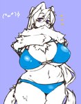 anthro bar_emanata big_breasts bikini breasts clothing curvy_figure emanata female fur hair huge_breasts kaomoji owo purple_background purple_eyes simple_background solo swimwear two-piece_swimsuit voluptuous white_body white_fur white_hair amad_no_moto felid feline mammal