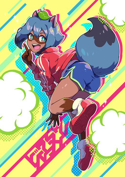 5_fingers abstract_background anthro blue_body blue_eyes blue_hair bottomwear brown_body brown_fur butt clothed clothing dipstick_tail dolphin_shorts female fingers fluffy fluffy_tail footwear fur glistening glistening_hair hair happy jacket kemono markings multicolored_body multicolored_eyes multicolored_fur multicolored_hair open_mouth pink_eyes shoes shorts solo tail tail_markings tanuki_leaf text topwear niki2ki884 brand_new_animal studio_trigger michiru_kagemori canid canine mammal raccoon_dog tanuki hi_res japanese_text