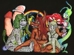 anthro black_background blue_body blue_fur breasts brown_body brown_fur brown_hair condom drug_paraphernalia drugs female fur genitals green_body green_fur green_hair group hair male male/female marijuana_blunt penis psychedelic pussy rainbow sexual_barrier_device simple_background tentacles ufo white_body white_fur pox_(artist) van-weasel_(character) bovid canid canine canis caprine domestic_dog mammal poodle sheep unknown_species 2009 marker_(artwork) traditional_media_(artwork)