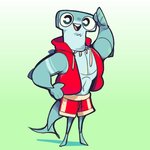 anthro big_eyes blue_background clothed clothing gradient_background hand_on_hip hoodie jewelry lifeguard male necklace open_clothing open_hoodie open_mouth open_smile open_topwear simple_background sleeveless_hoodie smile solo standing swimming_trunks swimwear topwear white_background scraffyraccoon fish ground_shark hammerhead_shark marine shark 1:1 2020 hi_res