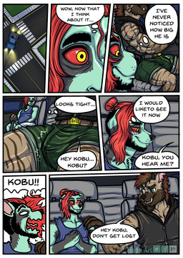 anthro armpit_hair beard bird's-eye_view black_body black_fur black_hair blue_body blue_fur blush blush_lines body_hair brown_body brown_fur brown_hair bulge car car_interior close-up clothed clothed_anthro clothed_male clothing crotch_view defined_muscles dialogue distracted driving duo facial_hair facial_piercing fangs fully_clothed fully_clothed_anthro fully_clothed_male fur goatee green_eyes hair high-angle_view horn jewelry looking_at_bulge male male/male mane multicolored_hair muscular muscular_anthro muscular_male necklace nose_piercing notched_ear overweight overweight_male piercing red_hair red_sclera septum_piercing side_view slightly_chubby slightly_chubby_male speech_bubble startled striped_body stripes teeth text thought_bubble tied_hair two_tone_hair vehicle yellow_eyes kobu_art graffyeen kobu border_collie canid canine canis collie domestic_dog herding_dog hyena mammal pastoral_dog sheepdog striped_hyena 2021 artist_name comic english_text hi_res