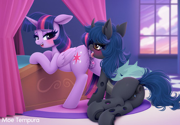anal animal_genitalia animal_vulva anus bed bedroom_eyes blush cunnilingus duo equine_anus evening eyewear female female/female feral furniture genitals glasses horn looking_back narrowed_eyes oral presenting puffy_anus rimming rug seductive sex vaginal vulva window wings moetempura friendship_is_magic hasbro my_little_pony mythology twilight_sparkle_(mlp) changeling_(mlp) equid equine mammal mythological_creature mythological_equine winged_unicorn absurd_res hi_res