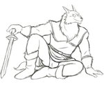 anthro belt boots briefs bulge clothing footwear male melee_weapon shirt shoes simple_background sitting solo sword teeth_showing topwear tunic underwear weapon white_background thegreatmatsutzu slayers dilgear_(character) canid canine canis mammal wolf black_and_white monochrome sketch