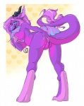 anthro bent_over biped blue_eyes breasts butt covering covering_self digitigrade female fur genitals hair heart_symbol horn looking_at_viewer looking_back non-mammal_breasts nude presenting presenting_hindquarters presenting_pussy purple_body purple_hair purple_skin pussy side_boob simple_background solo standing tail tongue honeyking mythology niku_1987 dragon mythological_creature mythological_scalie scalie 2013 hi_res