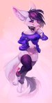 anthro black_sclera blush bodily_fluids breasts clothed clothing clothing_lift collar collar_tag female genital_fluids genitals inner_ear_fluff no_underwear purple_eyes pussy shirt shirt_lift simple_background solo sweater topwear tuft vaginal_fluids ulitochka adra_(tiddles) canid canine fox mammal 2020 absurd_res digital_media_(artwork) hi_res