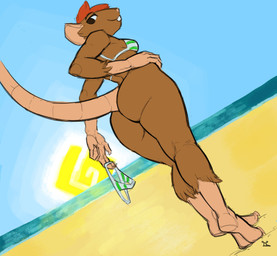 anthro beach bottomless breasts brown_body brown_fur buckteeth butt clothed clothing feet female fur hair looking_back orange_hair presenting presenting_hindquarters rear_view sea seaside smile solo sun teeth water lakeslug mammal murid murine rat rodent digital_media_(artwork) hi_res
