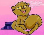 anthro brown_body brown_fur buckteeth clothing convenient_censorship dialogue discarded_clothing fur hat headgear headwear male nipples nude nude_anthro nude_male pink_background simple_background sitting solo tail tail_censorship teeth unmasked yellow_sclera sinribbons hanna-barbera secret_squirrel_show secret_squirrel eastern_grey_squirrel grey_squirrel mammal rodent sciurid tree_squirrel