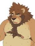 anthro armpit_hair bodily_fluids body_hair breath chest_hair chest_tuft countershading facial_hair male mane nipples overweight overweight_male panting sideburns solo sweat sweating_profusely tongue tongue_out tuft rossciaco ross_(rossciaco) felid lion mammal pantherine hi_res