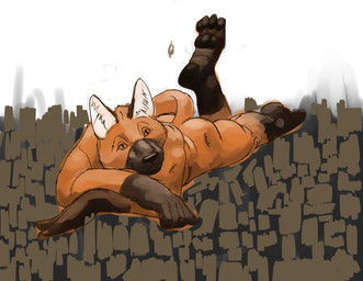 anthro butt feet fur lying macro macro_anthro macro_male male on_front orange_body orange_fur simple_background solo tail white_background jeri_kleinlowe canid canine fox mammal 2010 colored