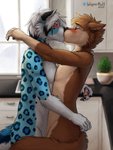 anthro blue_body blue_fur blush brown_body brown_fur brown_hair detailed_background duo eye_contact folded_ears fur green_eyes hair hug kiss_on_lips kissing kitchen looking_at_another love male male/male markings nude red_eyes romantic romantic_couple skin_contact spots spotted_body spotted_fur white_hair wagnermutt mutt_(wagnermutt) canid canine canis domestic_dog felid mammal pantherine snow_leopard 2020 3:4 digital_drawing_(artwork) digital_media_(artwork) hi_res