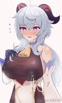 big_breasts blue_hair blush blush_lines bodily_fluids breasts clothing cowbell embarrassed female hair horn huge_breasts lactating lactating_through_clothing milk open_mouth purple_eyes side_boob solo sweat sweatdrop wet wet_clothing asekeu genshin_impact mihoyo patreon ganyu_(genshin_impact) animal_humanoid bovid bovid_humanoid caprine caprine_humanoid goat_humanoid horned_humanoid humanoid mammal mammal_humanoid hi_res watermark