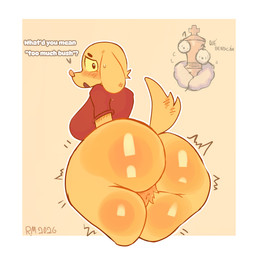 anthro anthro_focus big_breasts big_butt black_eyes blush border breasts butt butt_focus clothing crossgender duo female female_focus floppy_ears fur huge_butt huge_thighs looking_at_viewer looking_back mtf_crossgender open_mouth orange_nose pubes rear_view red_clothing red_shirt red_t-shirt red_topwear shirt simple_background solo_focus t-shirt talking_to_viewer tan_background text thick_thighs topwear white_border wide_eyed yellow_body yellow_fur yellow_sclera rosie_mirande glitch_productions the_amazing_digital_circus kinger_(tadc) scratch_(tadc) animate_inanimate canid canine canis domestic_dog living_chess_piece mammal 2026 english_text hi_res spanish_text