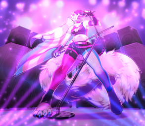 anthro big_tail clothed clothing ear_piercing ear_ring eyes_closed facial_piercing fangs female fishnet_clothing fishnet_legwear flag flag_(object) front_view fur hair holding_flag holding_object legwear lgbt_pride lip_piercing low-angle_view navel open_mouth piercing pink_clothing pink_hair pink_legwear pride_color_flag pride_colors ring_piercing singing solo speaker standing tail teeth text tongue tongue_out transgender_pride_colors white_body white_fur seraphictiger mammal species_request 2023 artist_name digital_media_(artwork) full-length_portrait hi_res portrait