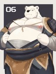 bandage bulge clothed clothing male nipple_piercing nipple_ring nipples open_clothing open_shirt open_topwear pecs piercing ring_piercing shirt slightly_chubby solo topwear return_(artist) threefold_recital_(game) skylo_tus_(threefold_recital) bear mammal polar_bear ursine hi_res