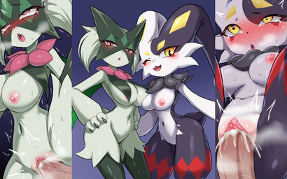 anthro anthro_penetrated areola biped blush breasts erection female female_penetrated genitals green_body human_on_anthro human_penetrating human_penetrating_anthro interspecies male male/female male_penetrating male_penetrating_female nipples pal penetration penile penile_penetration penis pupils sex vaginal vaginal_penetration white_body zerokun135 nintendo pokemon generation_9_pokemon human mammal meowscarada pokemon_(species) absurd_res hi_res